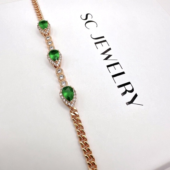Drop Bracelet 18k Gold Plated w/ Green CZ Stone | Luxury Jewelry - Picture 6 of 10